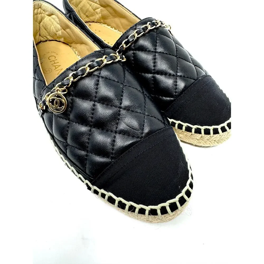 Chanel Black Quilted Leather Espadrilles w/ Gold Chain CC Charm Sz 38 | 8
